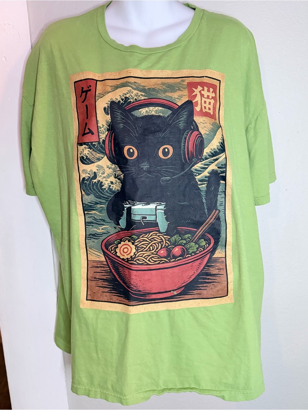 Green Retro Gamer Black Cat Ramen Short Sleeve T-Shirt 2XL